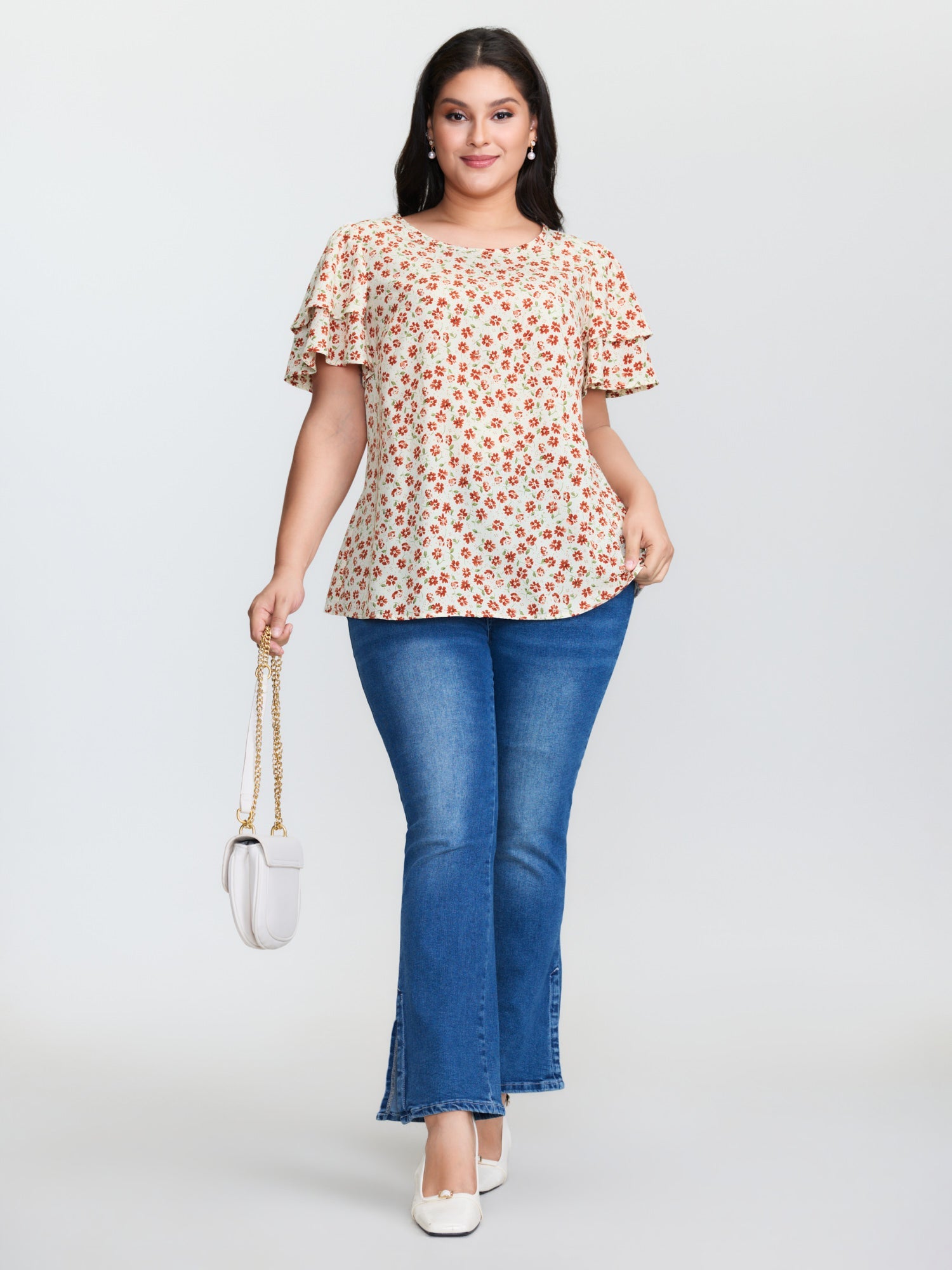 Floral Print Layered Sleeve Round Neck Blouse