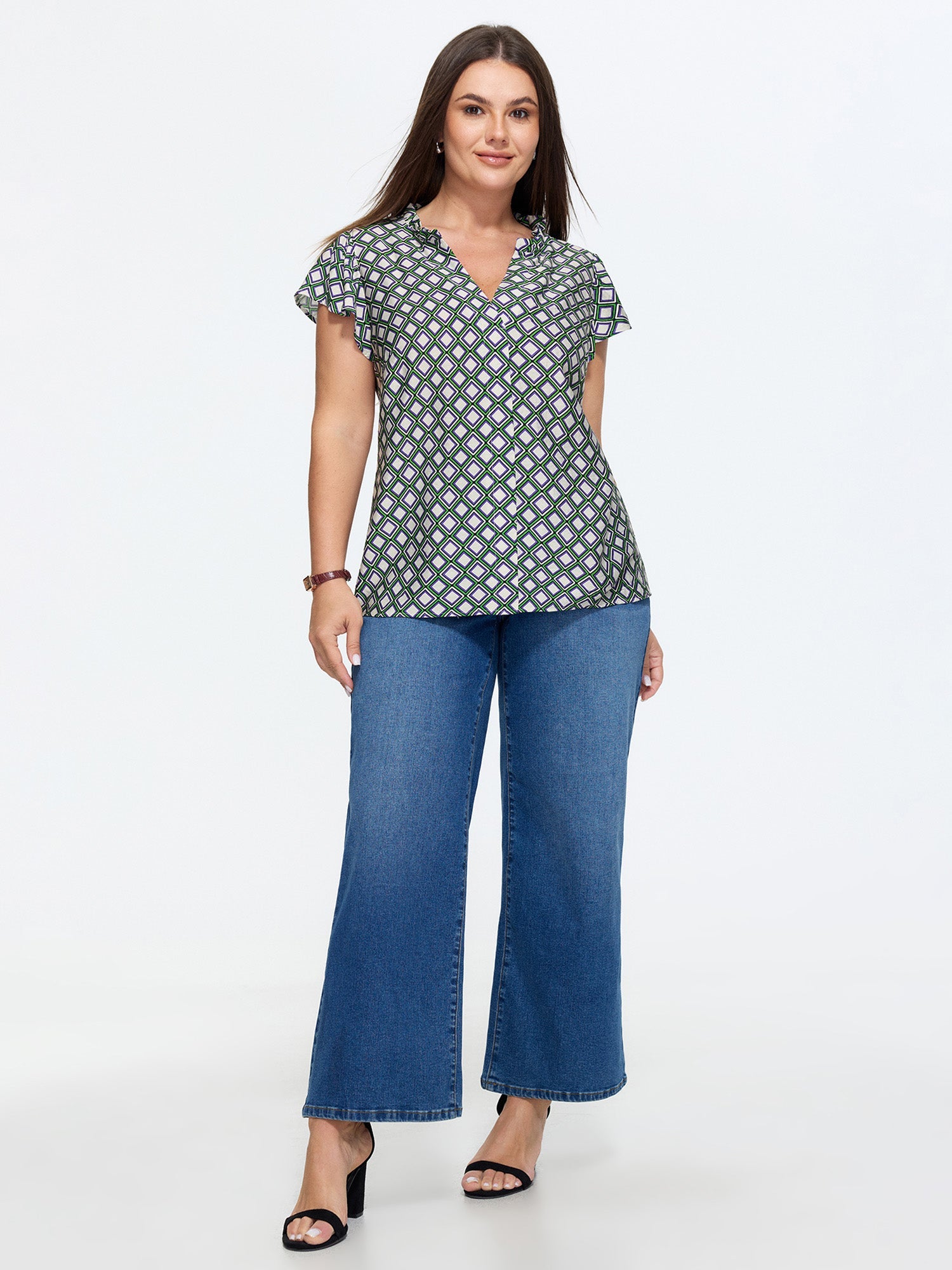 Geo Print Notched Collar Blouse