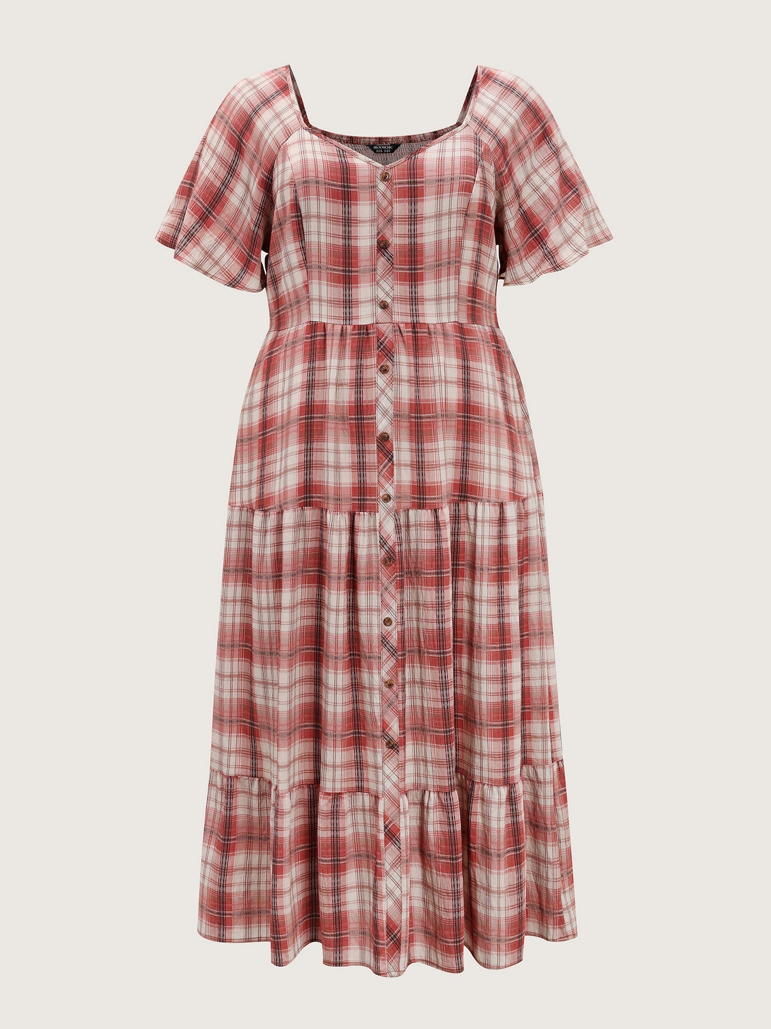 Plaid Flutter Sleeve Button Tiered Midi Dress