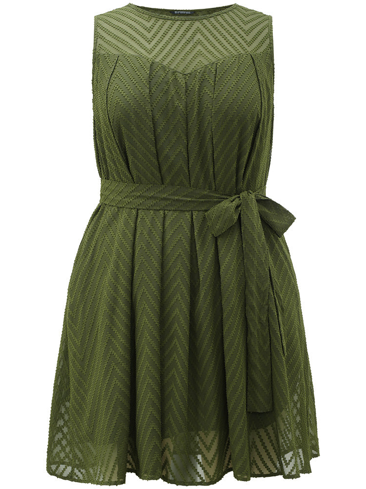 Plisse Mesh Patchwork Belted Pleated Dress