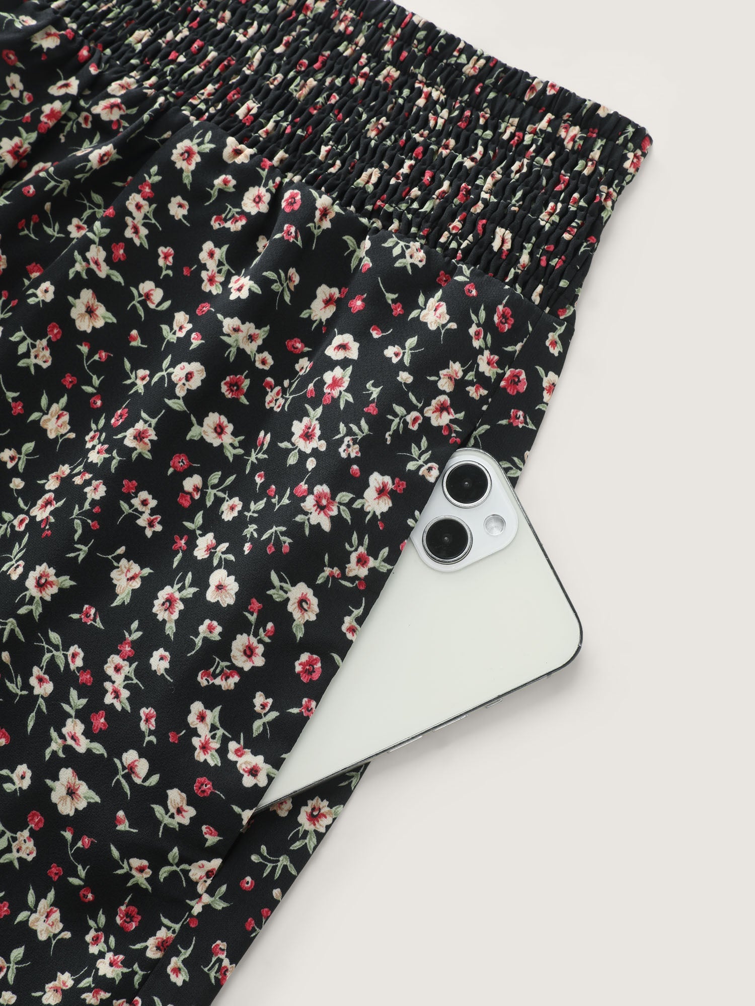 Micro Floral Print Shirred Waist Shorts