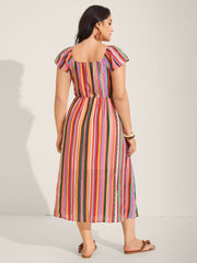 Colorful Stripe Flutter Sleeve Pockets Midi Dress