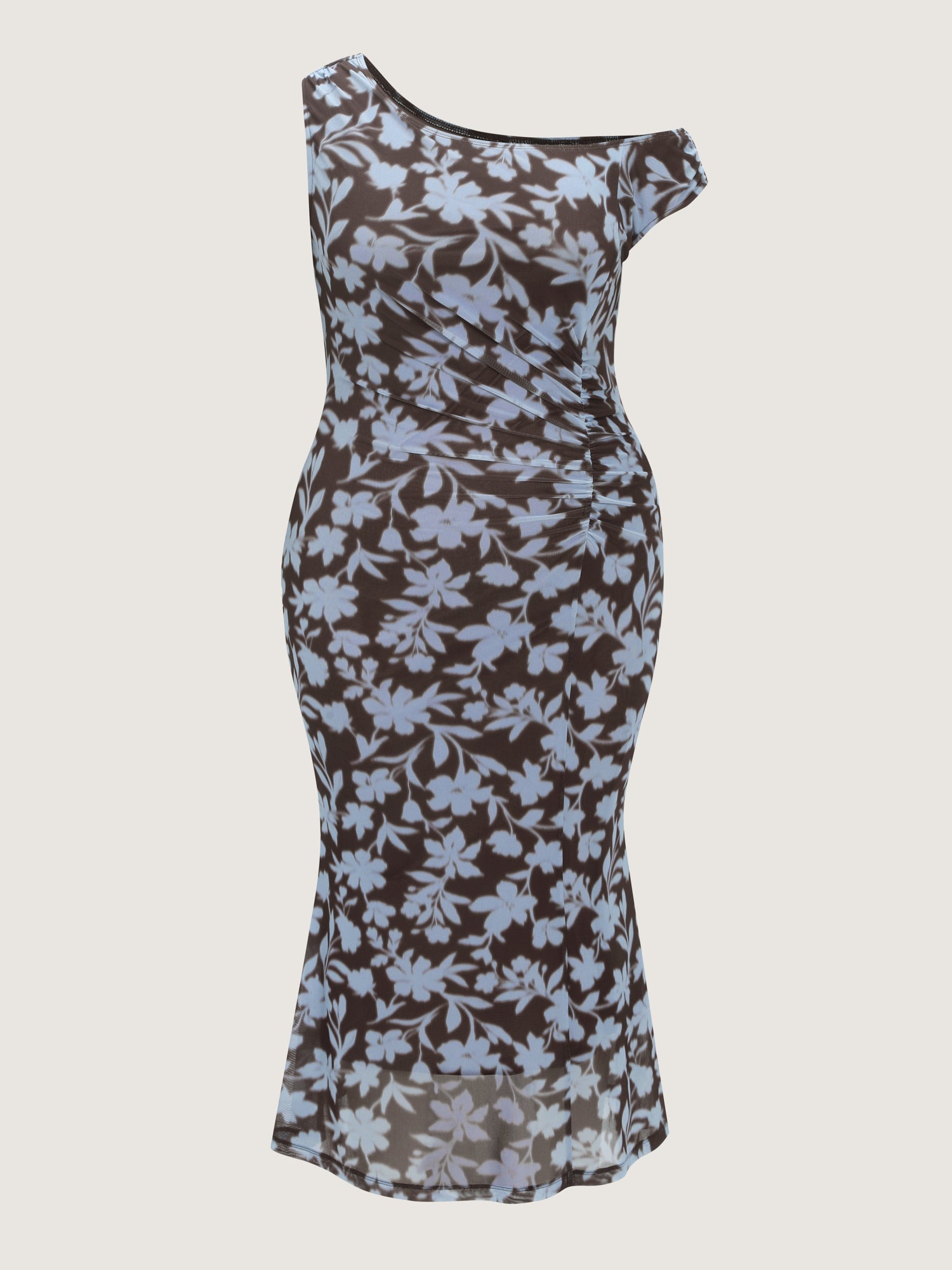 Floral Print Mesh One-Shoulder Midi Dress