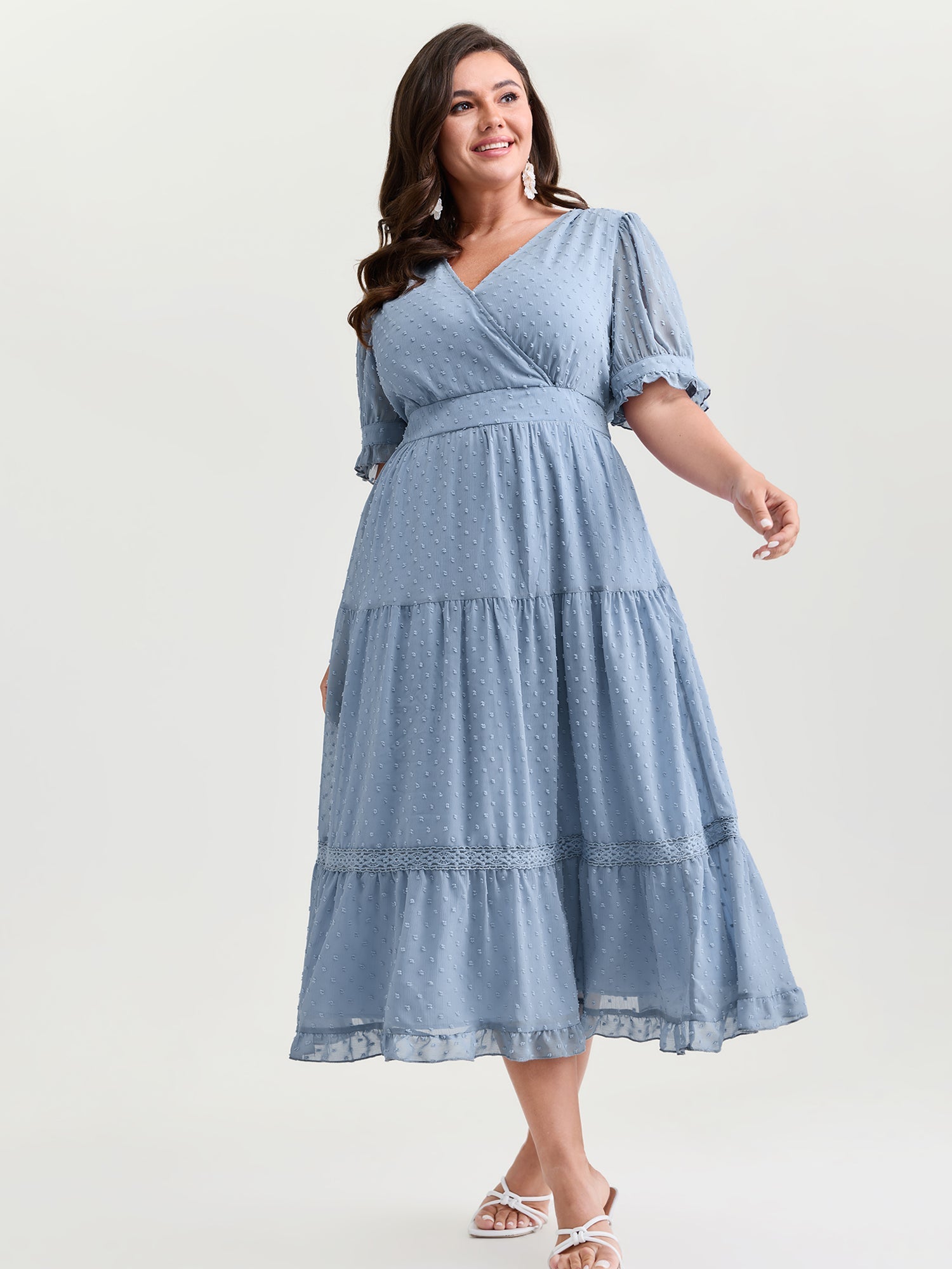 Textured Lace Trim Wrap Neckline Tiered Midi Dress