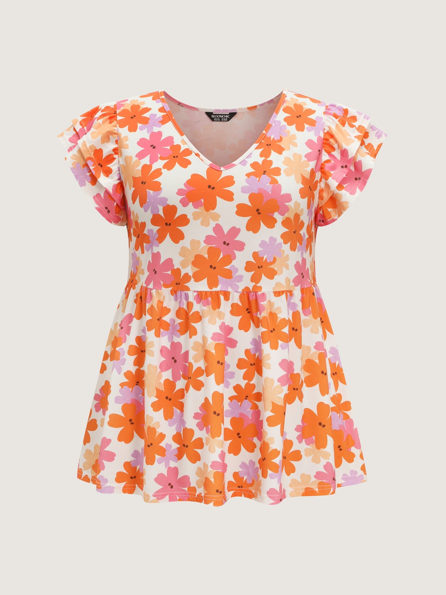 Stretchy Floral Print Ruffled Sleeve Knit Top