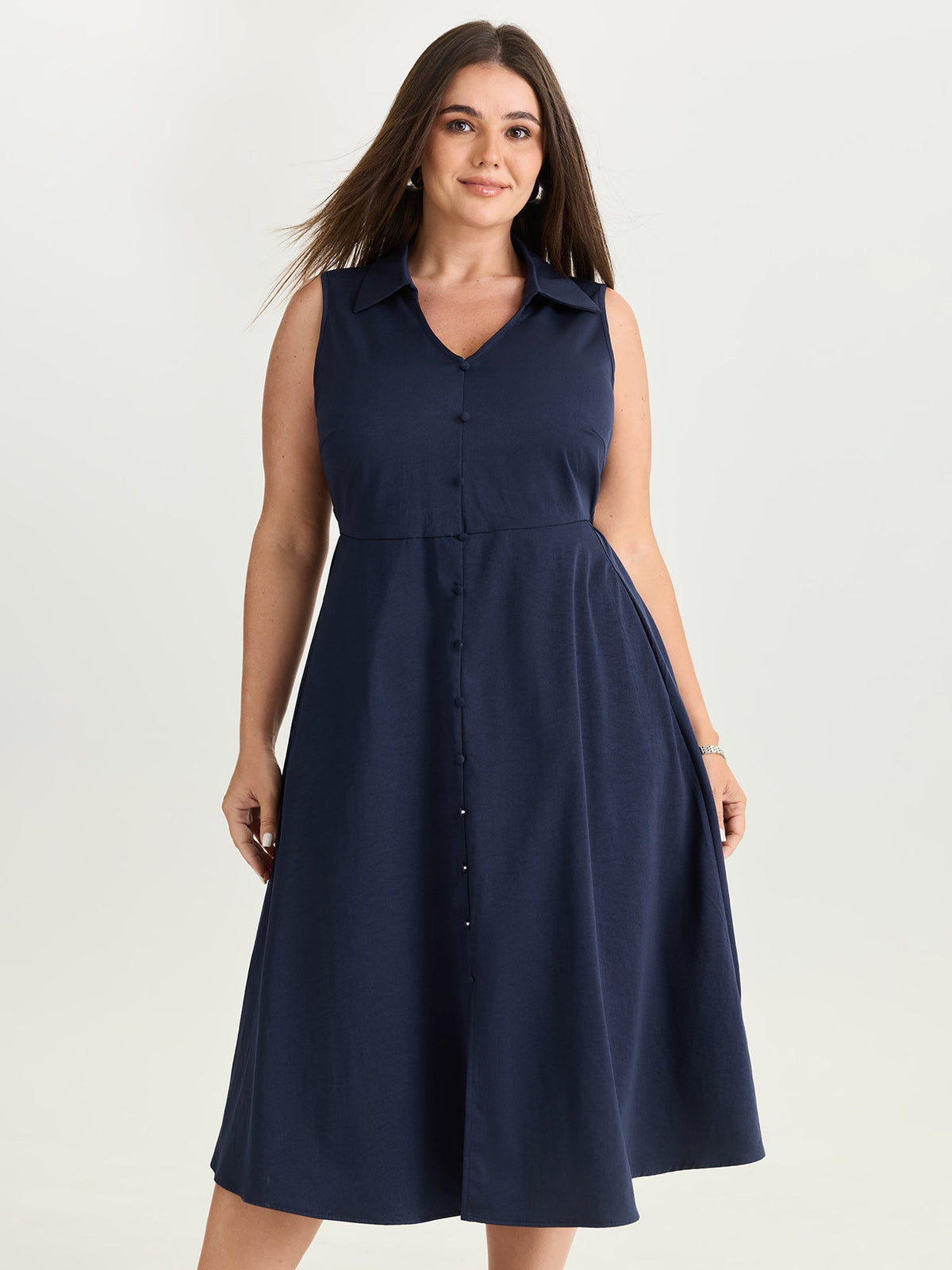 Collar Pockets Button Detail Midi Dress