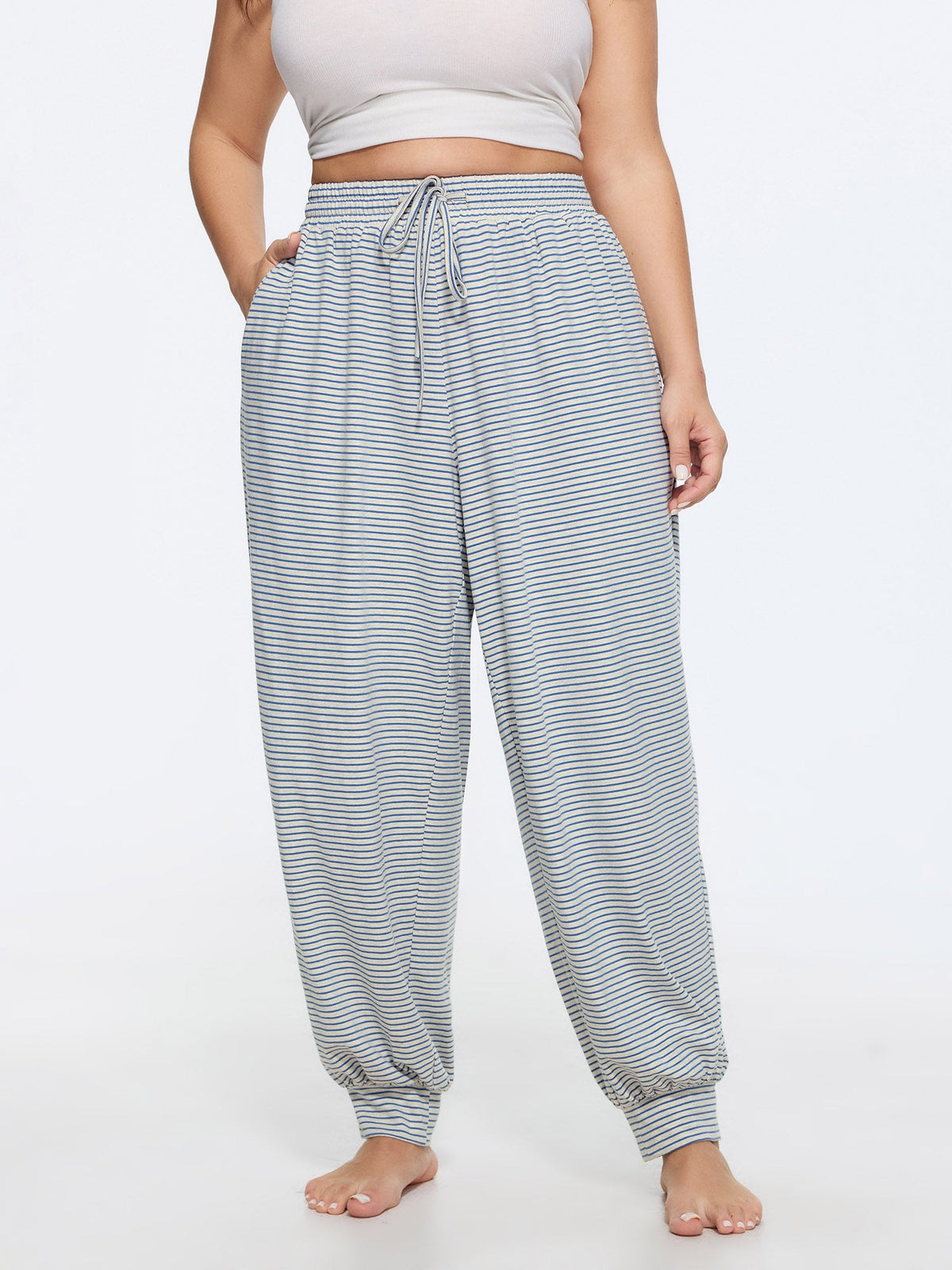 Cotton Stretchy Striped Print Pockets Lounge Bottoms