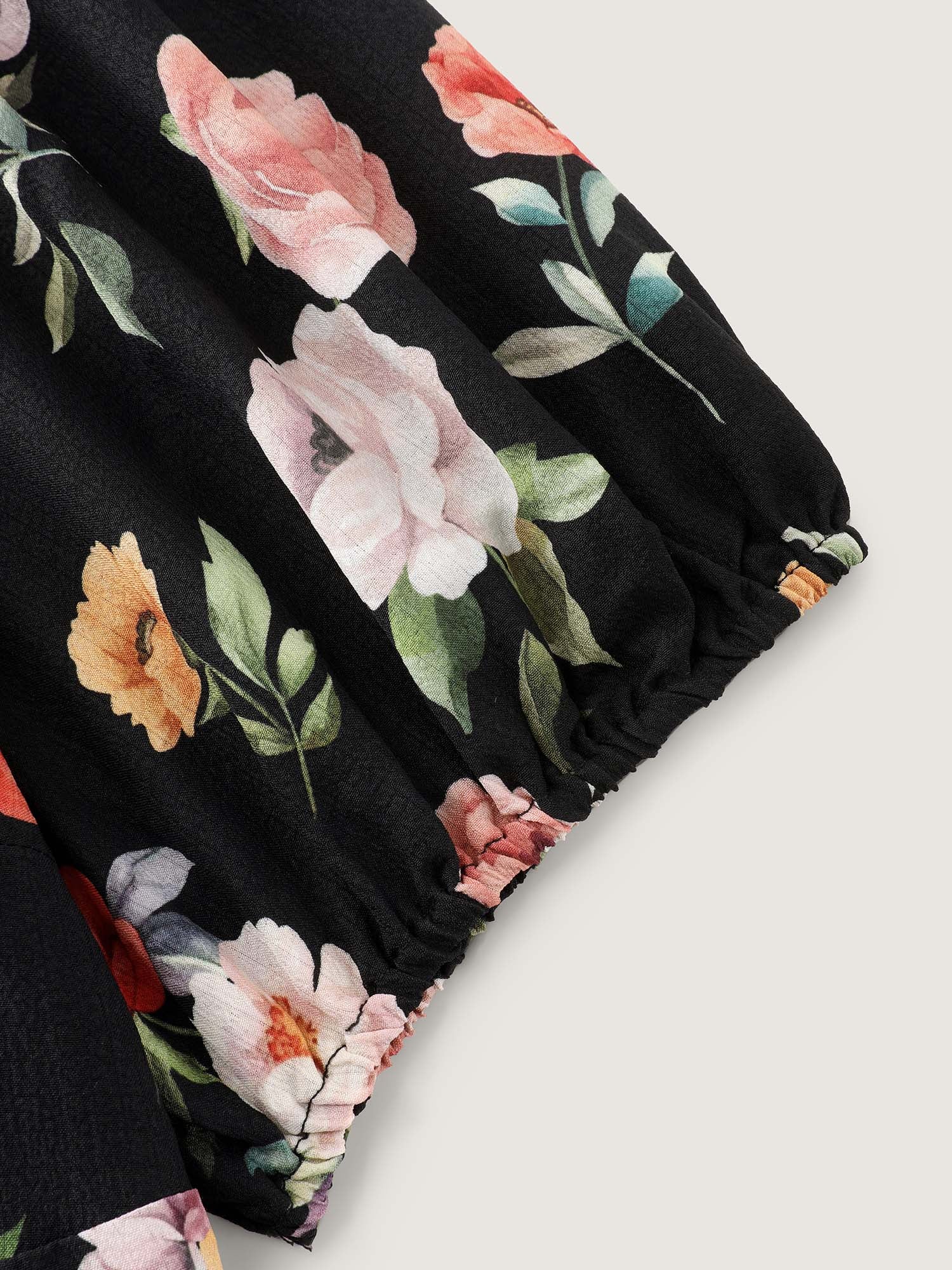 Floral Print Puffy Sleeve Shirred Midi Dress