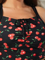 Cherry Print Ruched Drawstring Swim Top