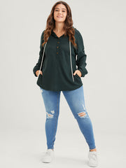 Solid Pocket Button Drawstring Waffle Knit Hooded Sweatshirt