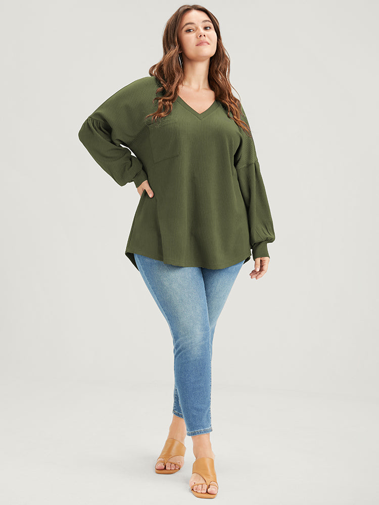 Solid Drop Shoulder Pocket Arc Hem Rib Knit Sweatshirt