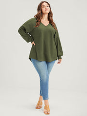 Solid Drop Shoulder Pocket Arc Hem Rib Knit Sweatshirt