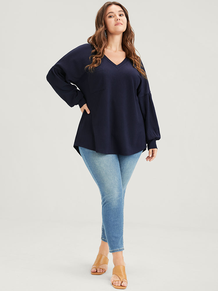 Solid Drop Shoulder Pocket Arc Hem Rib Knit Sweatshirt