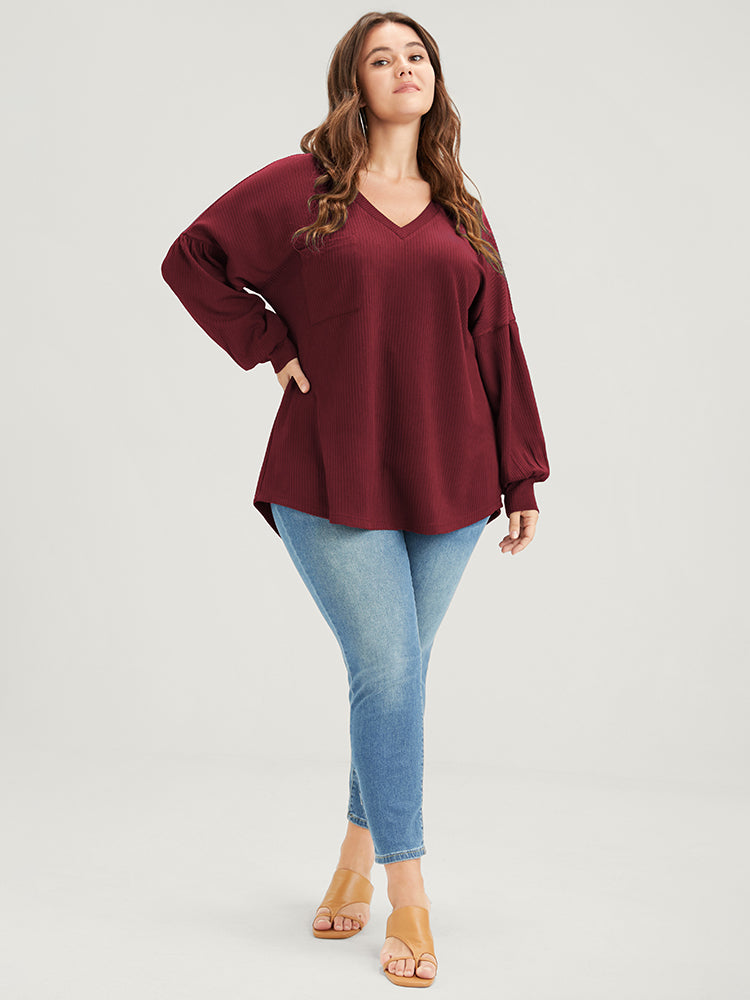 Solid Drop Shoulder Pocket Arc Hem Rib Knit Sweatshirt