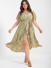 Ditsy Floral Ruffles Ties Split V Neck Dress