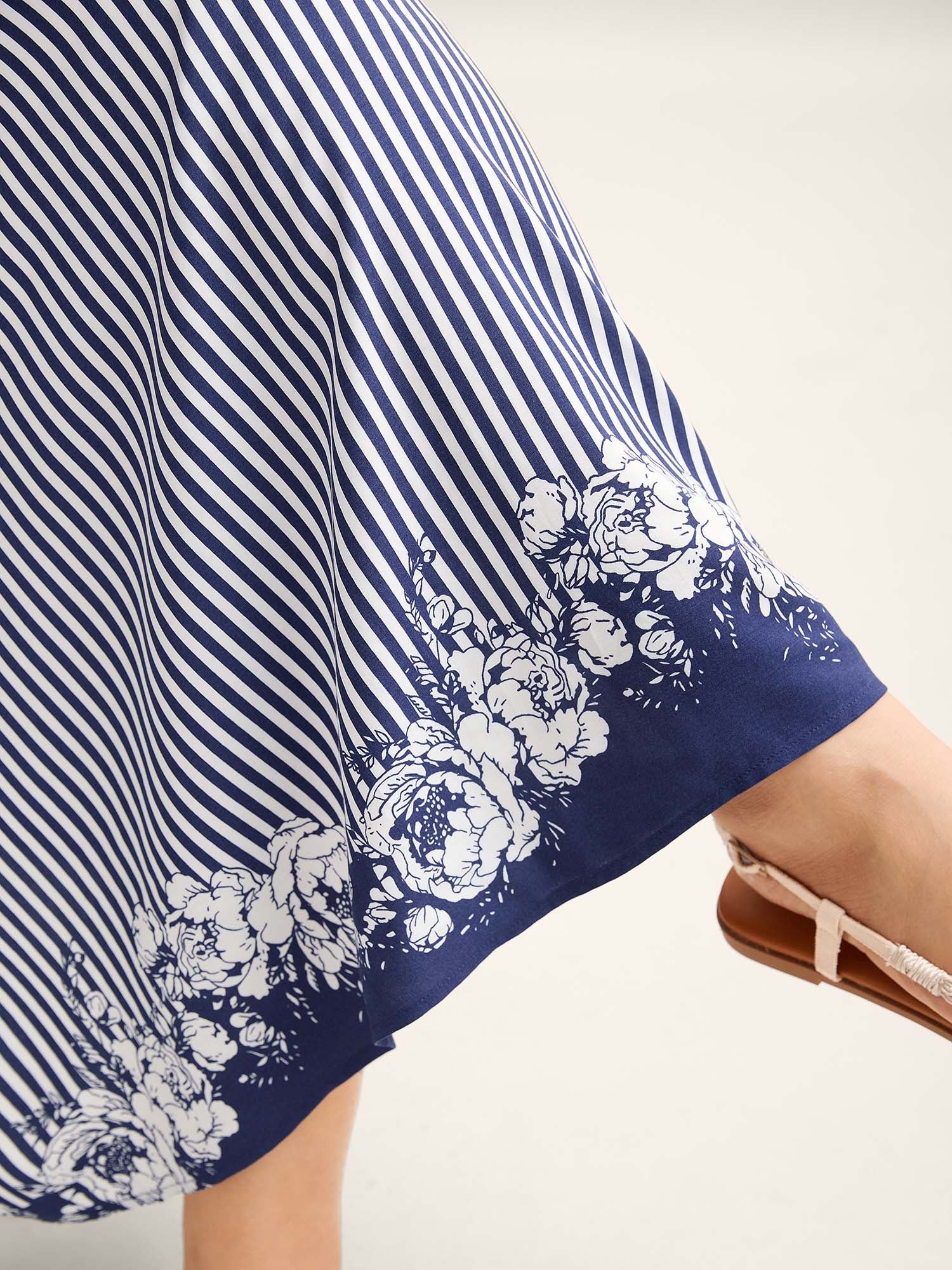 Stripes Cinched-Waist Floral Hem Midi Dress