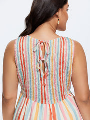 Colorful Striped Print Shirred Mini Dress
