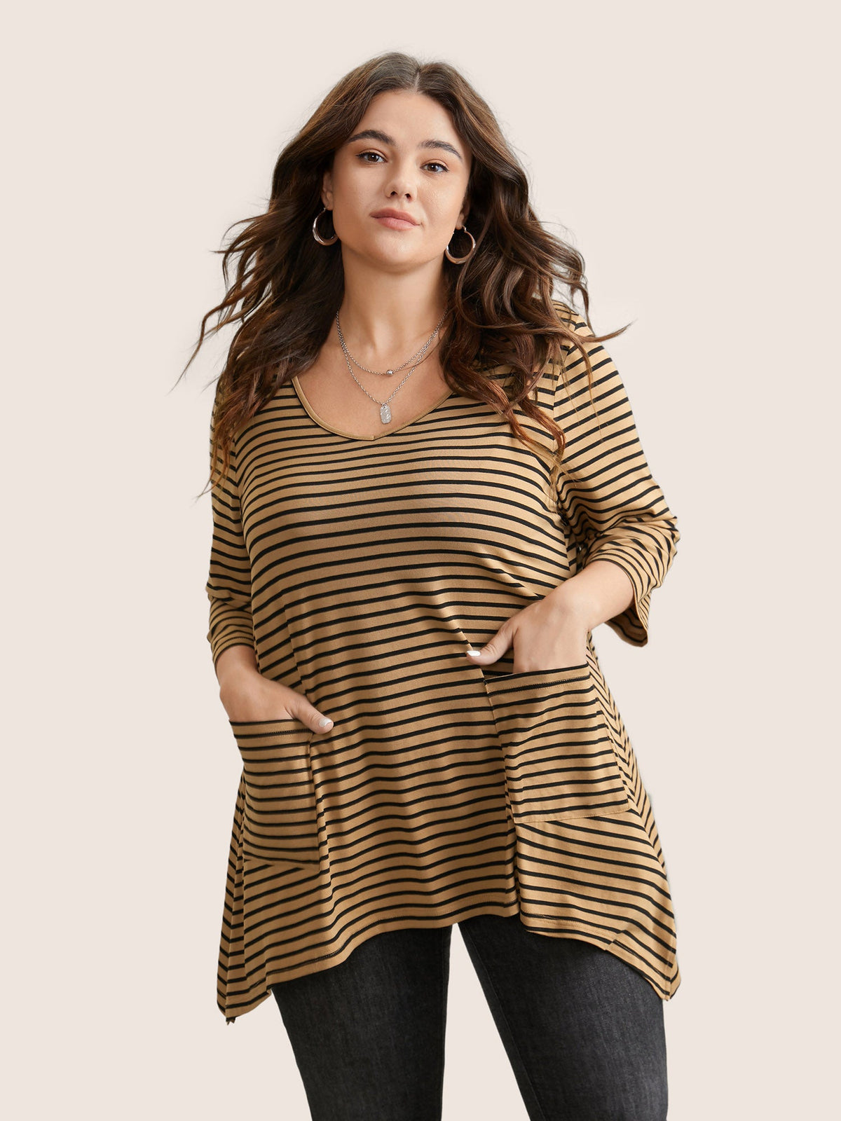 Striped Pocket Asymmetrical Split Hem Tunic T-shirt