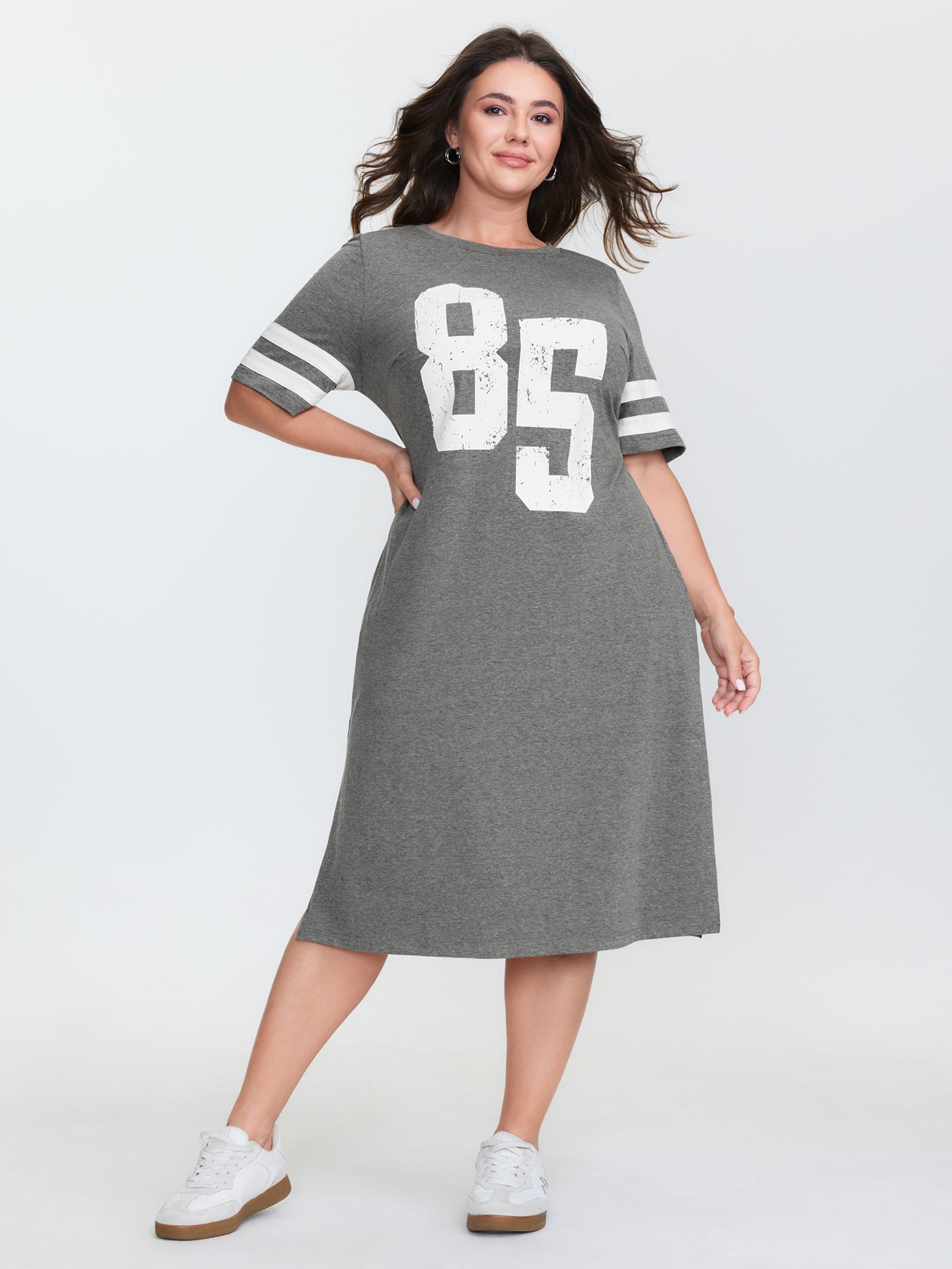 Supersoft Sporty Print Striped Sleeve Midi Dress