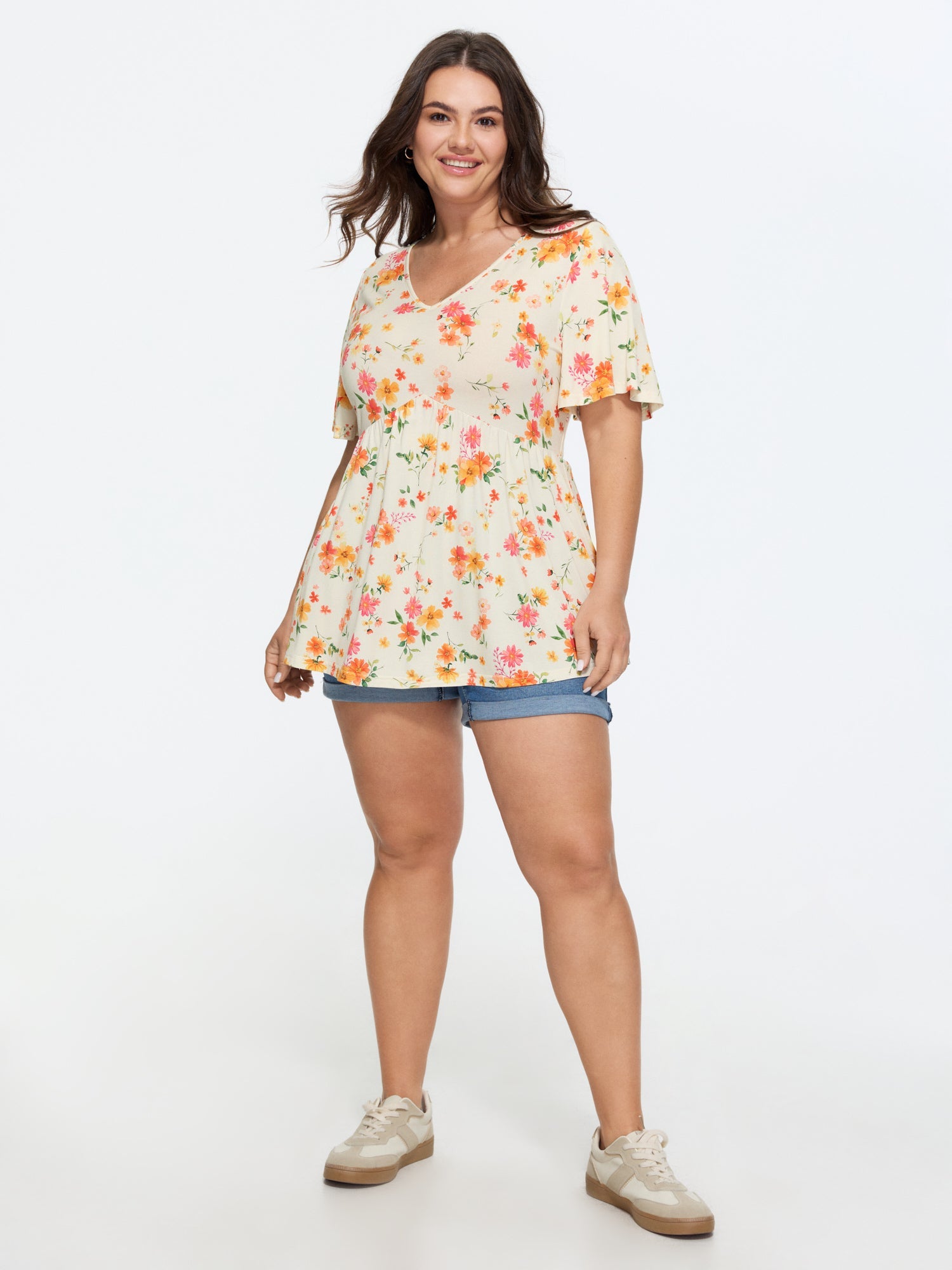 Stretchy Floral Print V-Neck Knit Top