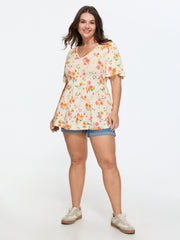 Stretchy Floral Print V-Neck Knit Top