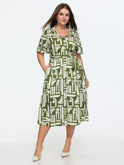 Geometric Print Pockets Collared Midi Dress