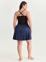 Satin Lace Trim Plunging Neckline Nightgown