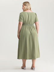 Satin Lace Neckline Cinched Waist Midi Dress
