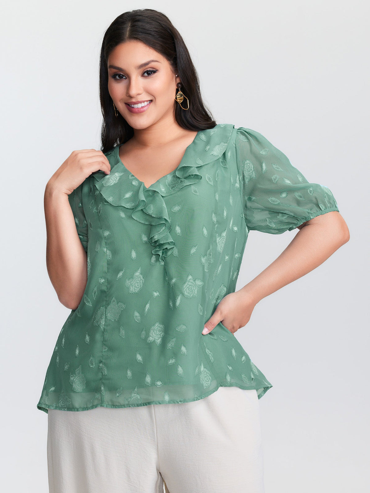 Lotus Leaf Neckline Textured Curvy Hem Blouse
