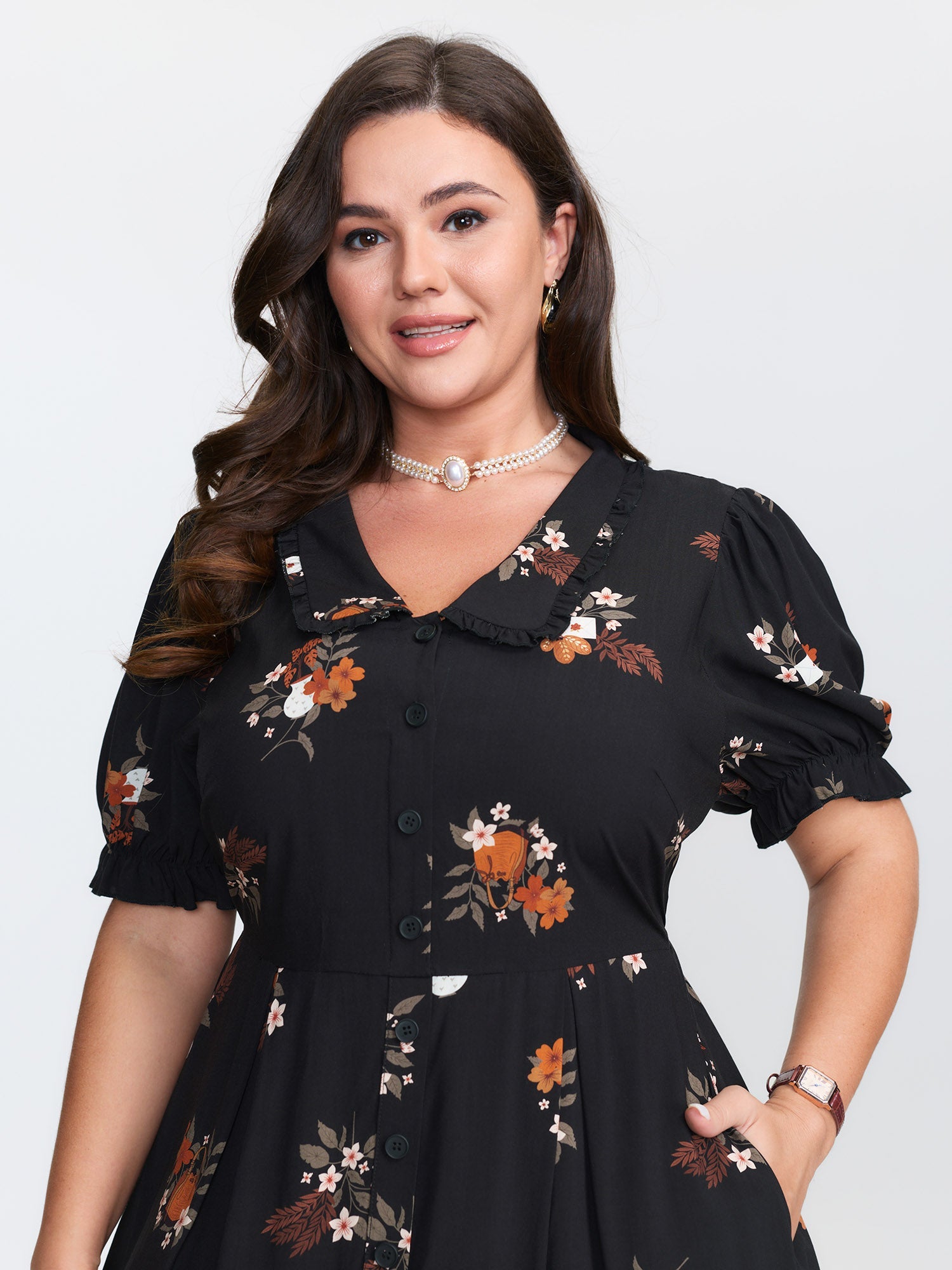 Retro Floral Print Cinched-Waist Midi Dress
