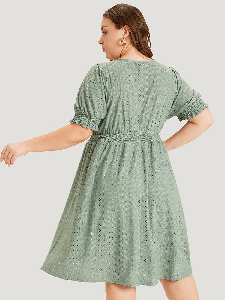 Geometric Eyelet Pocket Button Detail Shirred Dress