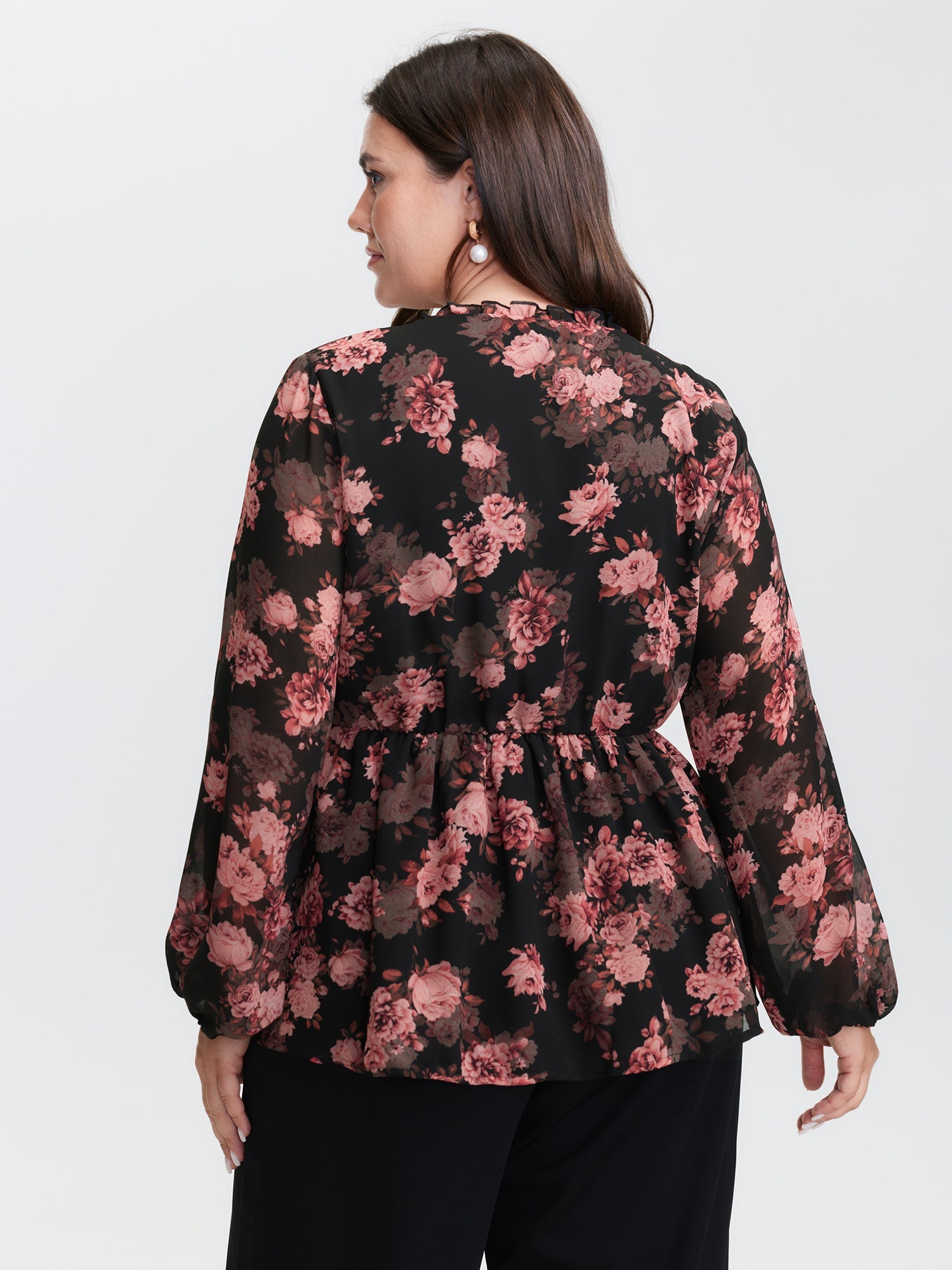 Floral Print Sheer Ruffled Blouse
