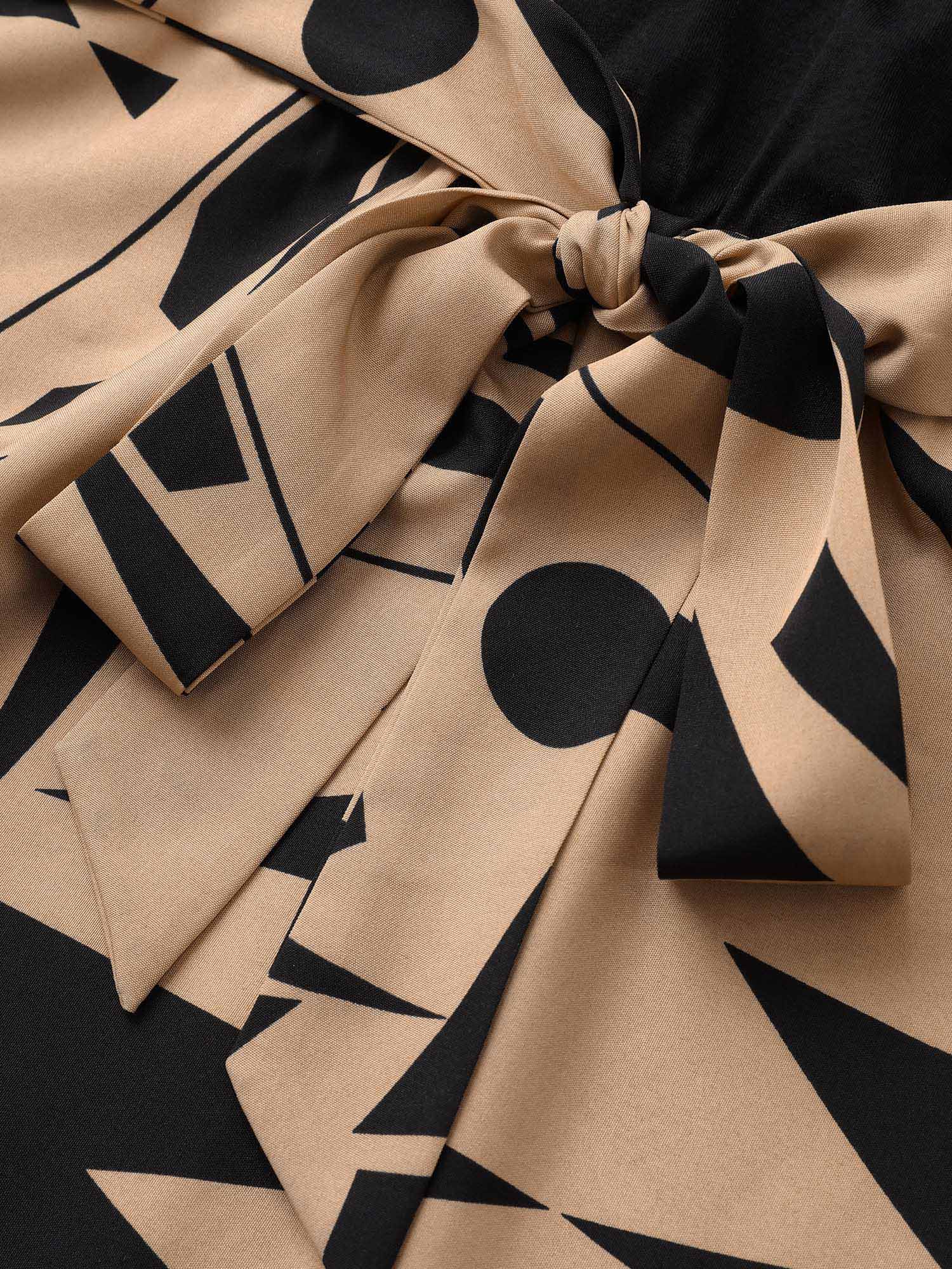 Geometric Contrast Patchwork Asymmetrical Neck Belted Dress