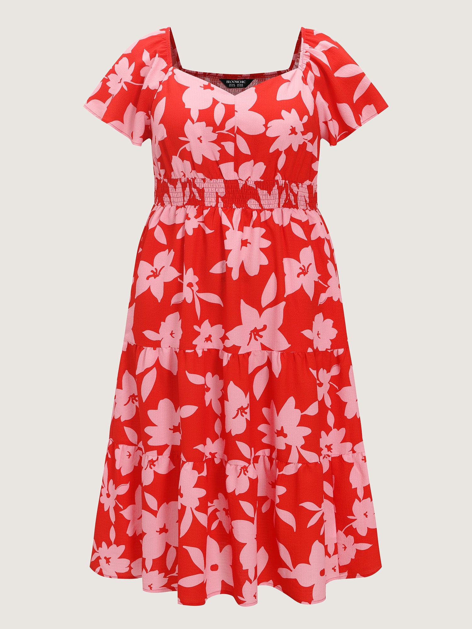 Floral Print Shirred Flared Sleeve Midi Dress