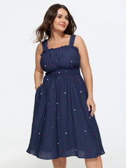 Supersoft Colorful Star Embroidered Wide Strap Midi Dress
