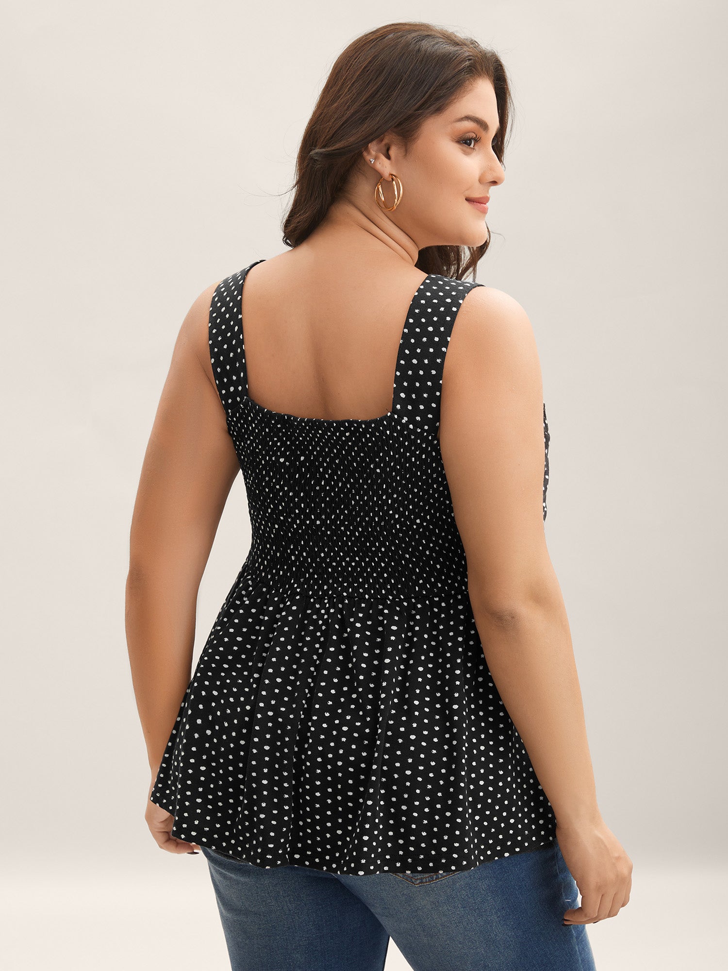 Stretchy Polka Dots Shirred Tank Top