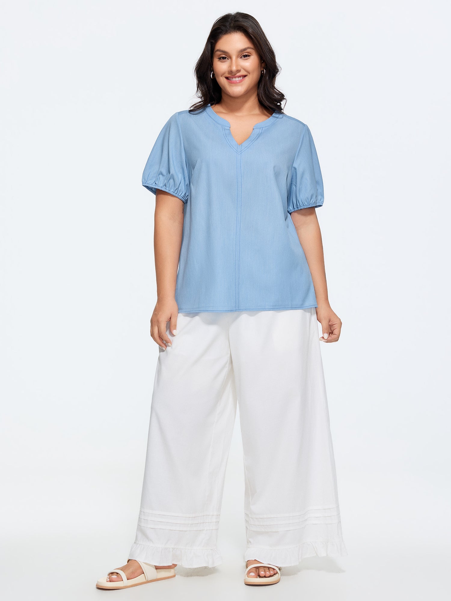 Supersoft Puffy Sleeve Notched Collar Plain Faux Denim Blouse