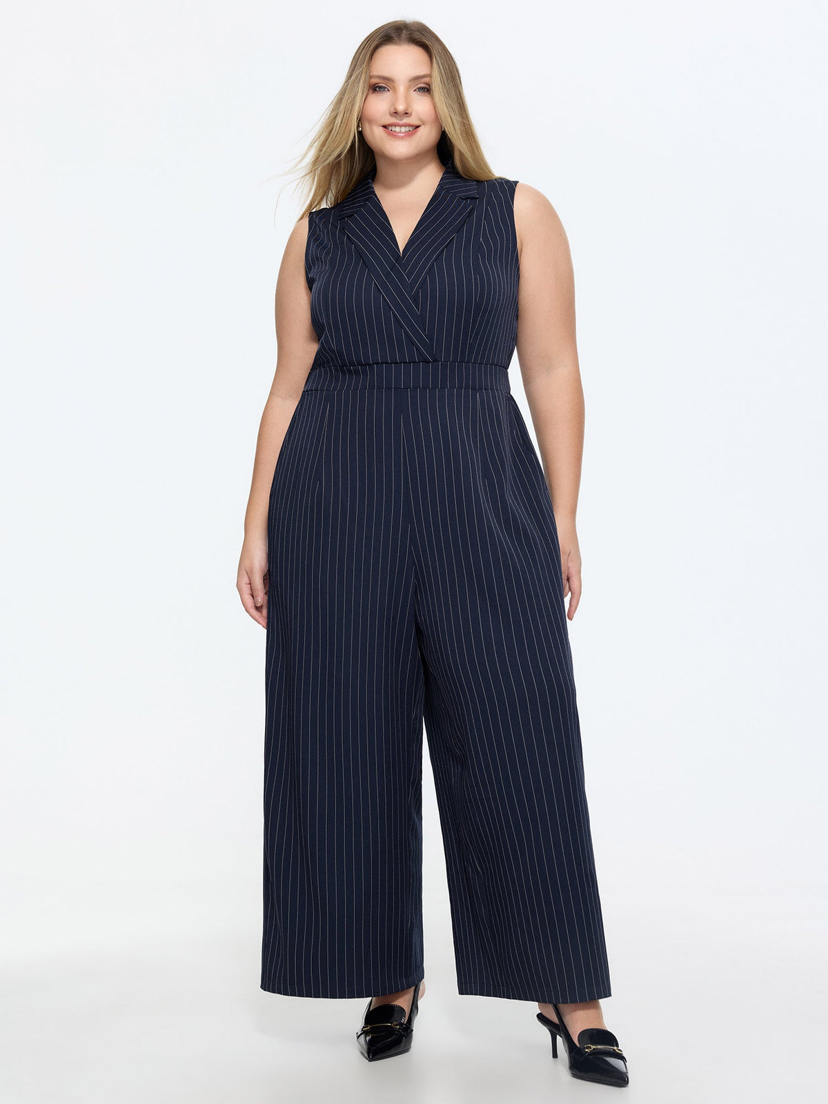 Striped Print Collared Sleeveless Jumpsuit