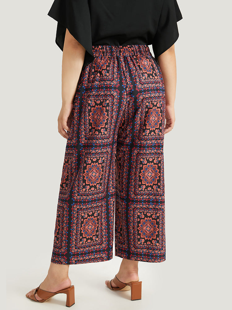 Scarf Print Pocket Elastic Waist Pants
