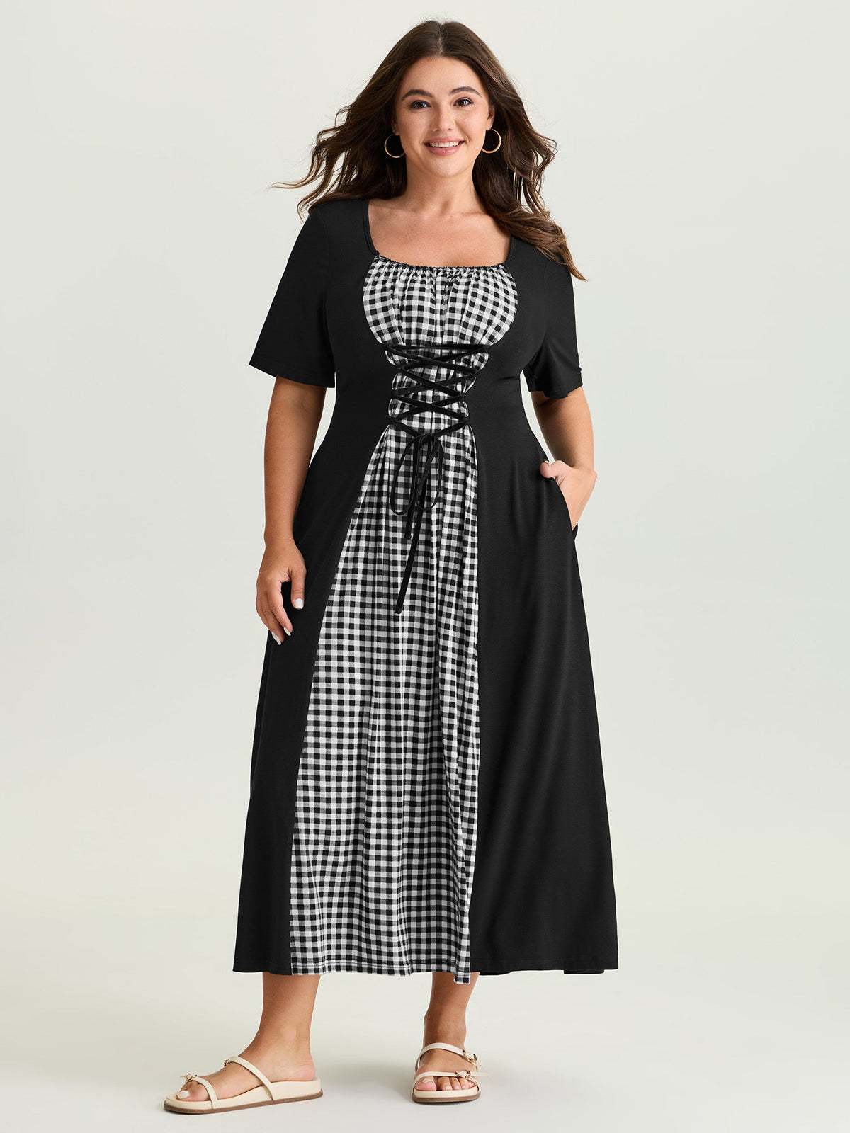 Checkered Layered Cross-Tie Maxi Dress