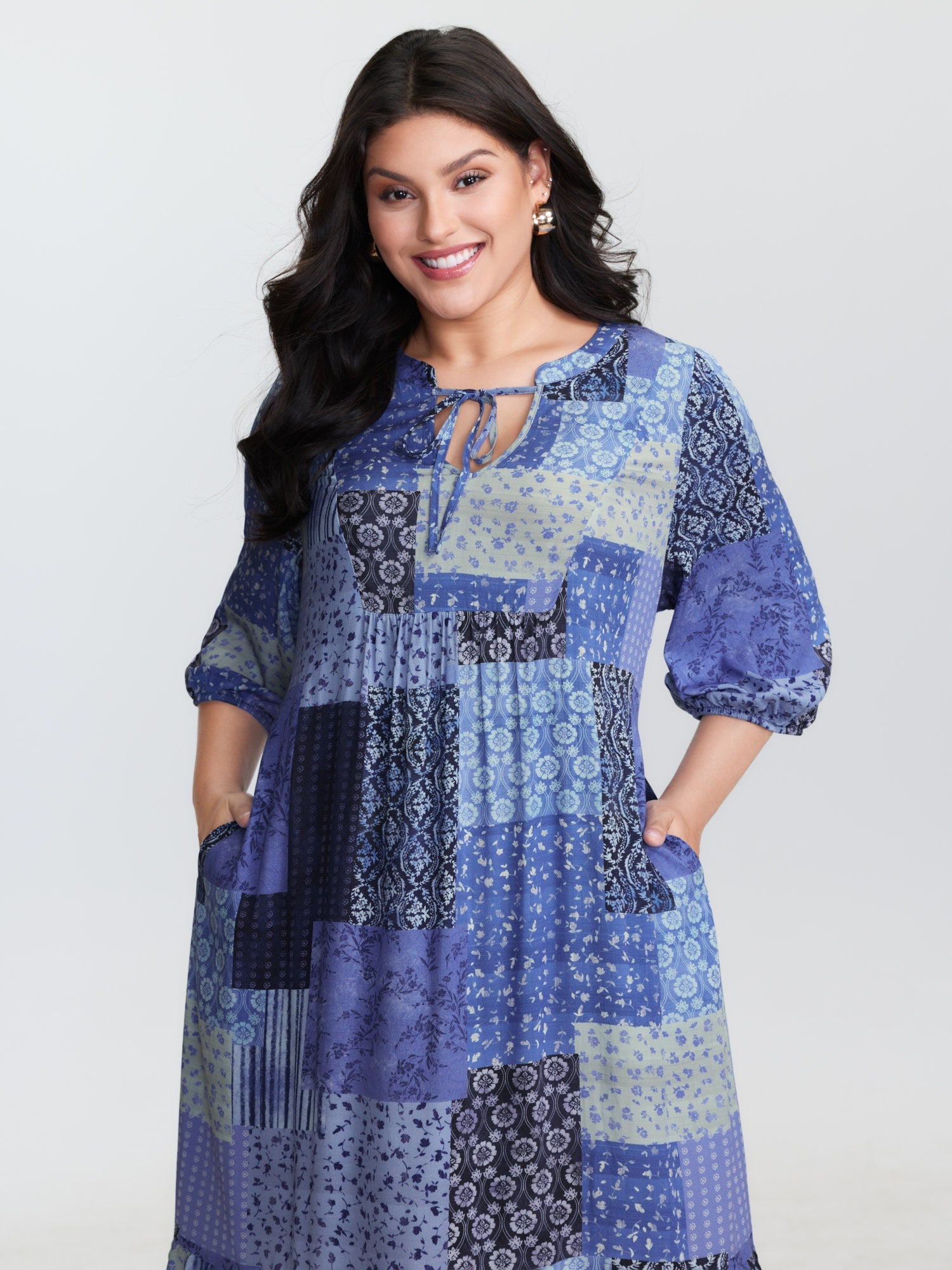 Floral Collage Pattern Drawstring Neckline Mini Dress
