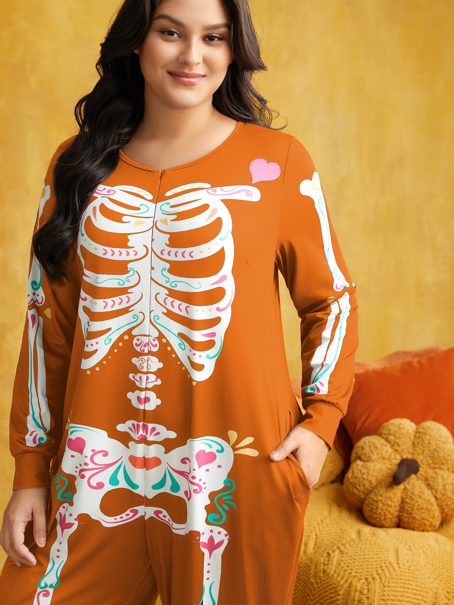 Skeletal Rib Print Hidden Zipper Lounge Jumpsuit