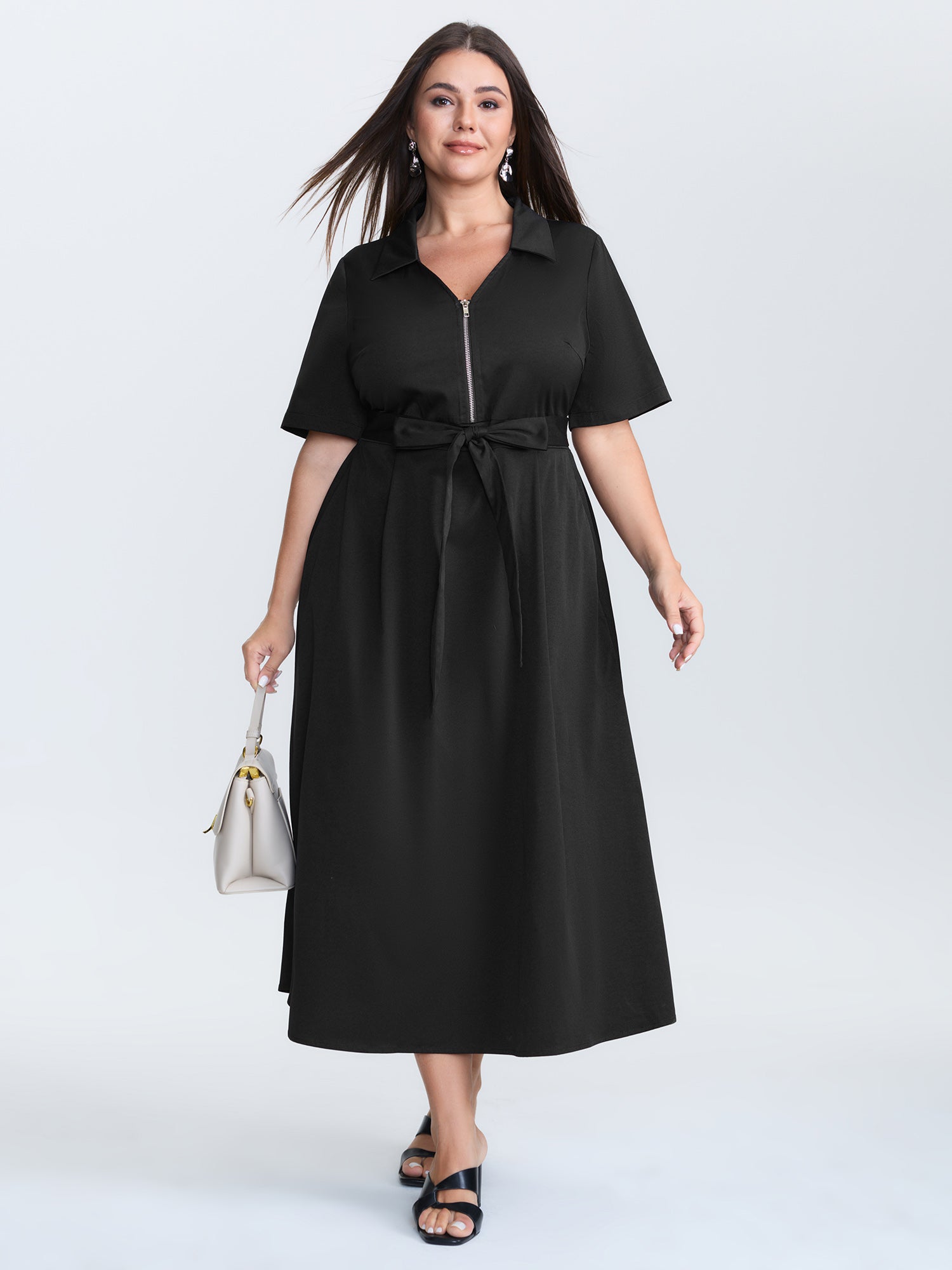 Collared Zipper Waist-Tie Maxi Dress