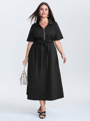 Collared Zipper Waist-Tie Maxi Dress