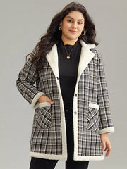 Plaid Fuzzy Trim Patchwork Lapel Collar Pocket Coat