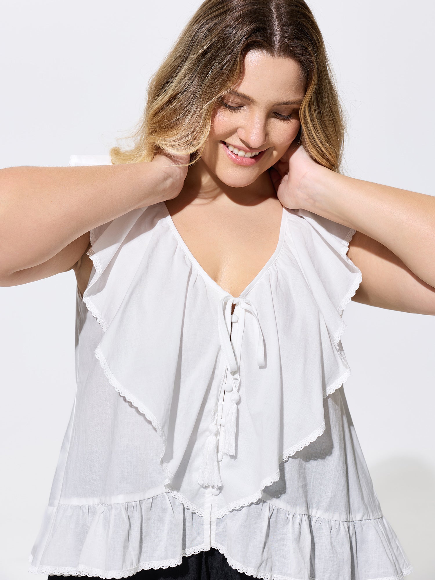 Cotton Ruffled Edges Tassel Plain Blouse