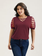Sheer Sleeves Textured Polka Dots Stretchy Top