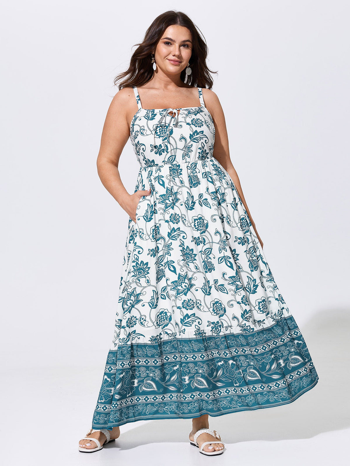 Floral Print Neck-Tie Color Contrast Maxi Dress
