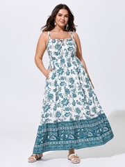 Floral Print Neck-Tie Color Contrast Maxi Dress