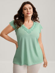 Webbed Lace V-Neck Solid T-Shirt